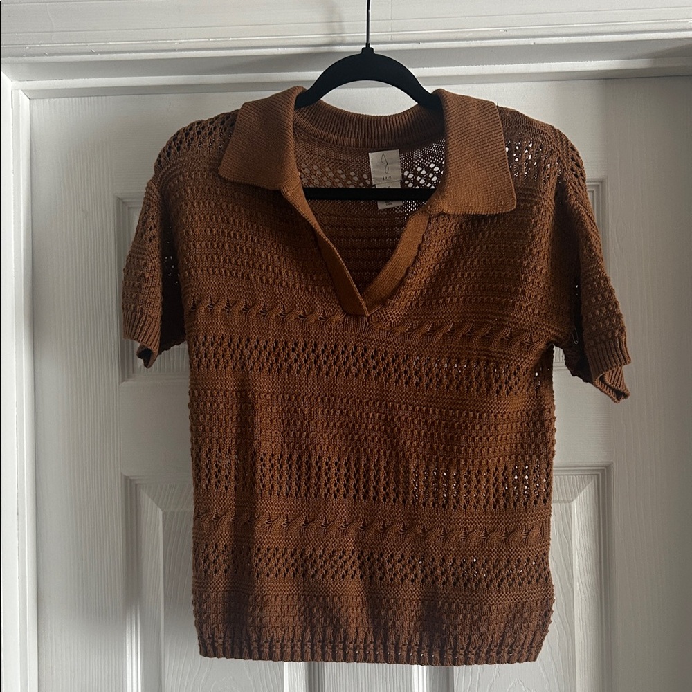 Joie Warm Brown Open-Knit Polo Sweater